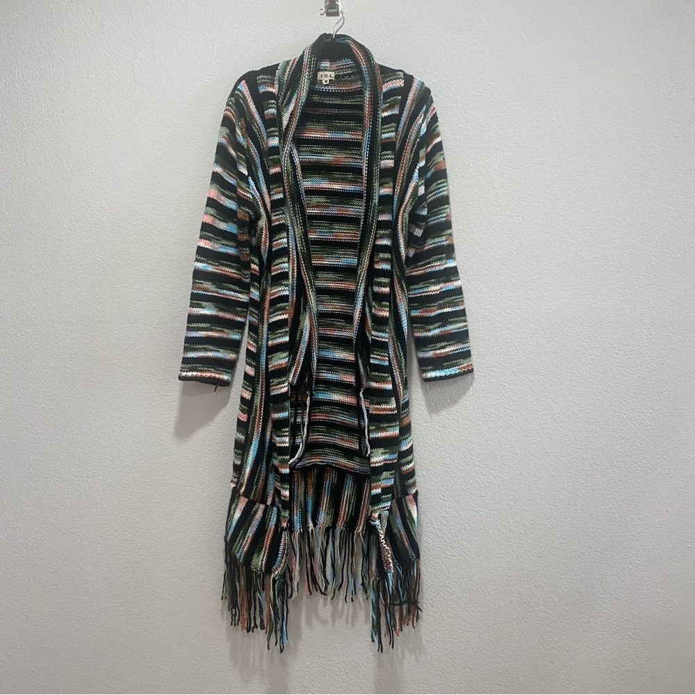POL Striped Fringe Knit Cardigan in Brown, Green, Cream - Picture 2 of 13
